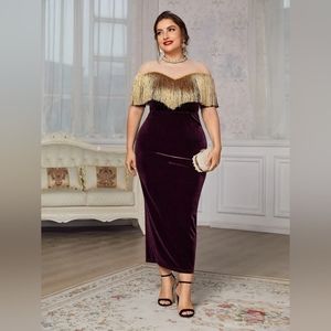 Plus Sheer Mesh Yoke Fringe Detail Velvet Dress